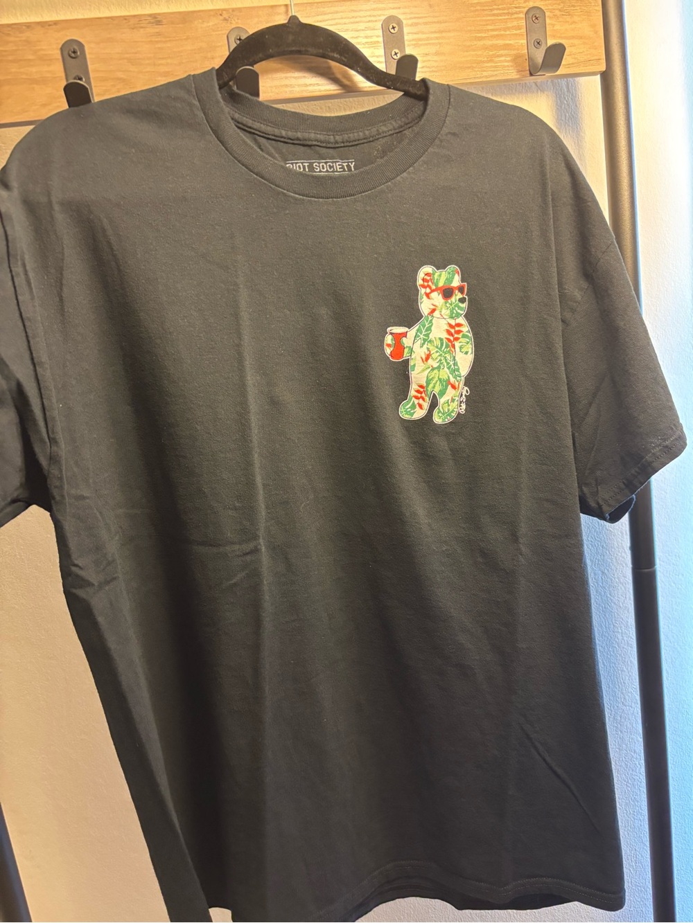 riot society Black Tee with Tropical Floral Bear Patch